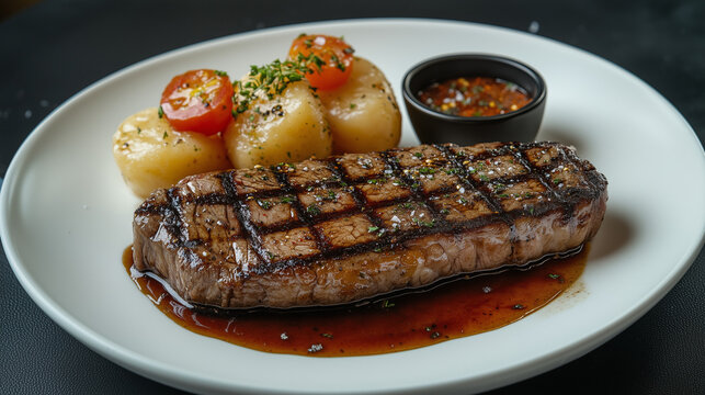New York strip steak with potatoes and tomatoes on a white plate, gourmet presentation