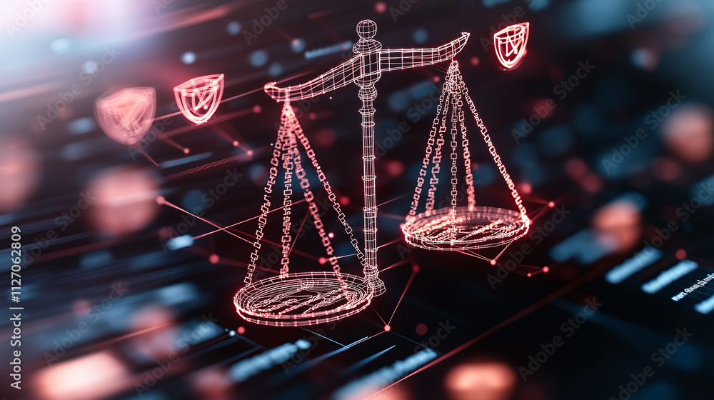 Poster abstract visualization of legal framework featuring digital scale symbolizing justice, surrounded by