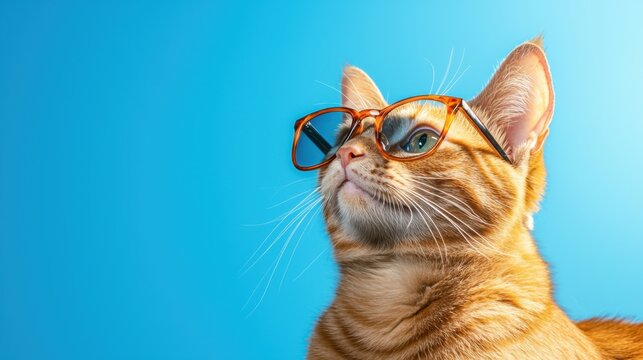 A stylish fashion cat, donning trendy sunglasses, lounging against a vibrant blue background, exuding cool and confidence.