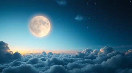 Obraz premium beautiful night sky with full moon shining brightly over fluffy clouds, creating serene and tranquil atmosphere. stars twinkle softly in background, enhancing magical scene
