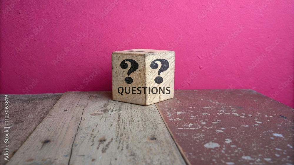 Poster Wooden Cube With Question Marks and the Word Questions on a Distressed Wooden Surface Against a Pink Background