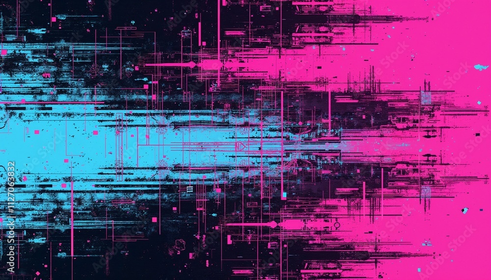 Poster abstract glitch texture with distorted lines and digital noise in neon pink and cyan, edgy and futur