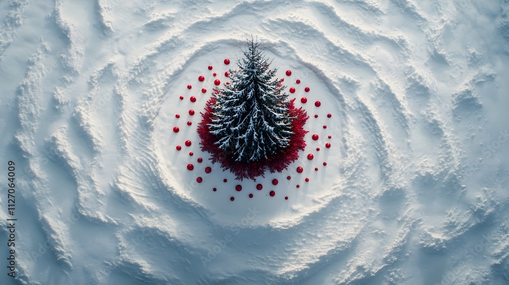 Poster an abstract aerial shot of a christmas tree surrounded by concentric patterns in fresh snow, with mi