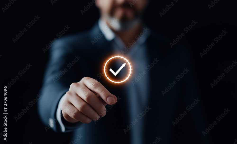Poster businessman interacts with virtual checkmark, symbolizing success and achievement. dark background e