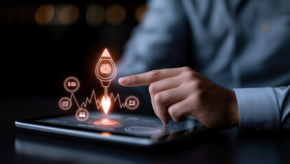 businessman interacting with digital tablet, showcasing growth graphs and icons representing finance, security, and innovation. scene conveys sense of progress and technology