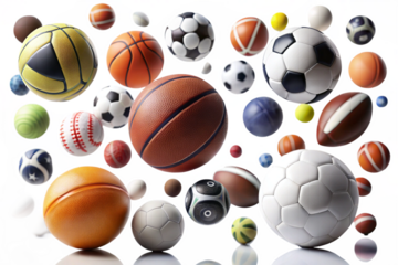  Falling Balls, soccer, football, baseball, basketball, rugby, tennis, golf, isolated on white background, selective focus