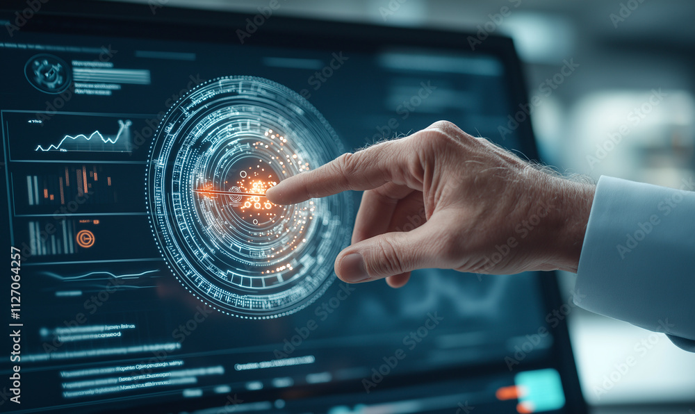 Poster businessman interacting with virtual interface, showcasing data analysis and technology. hand reache