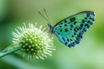 Obraz premium A butterfly in shades of green and blue hovering over a soft green flower, captured in natural light with perfect focus and detail.