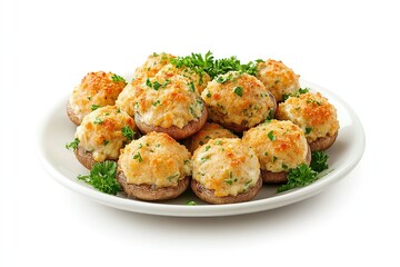 Stuffed mushrooms with cheese, herbs, and breadcrumbs on a plate.