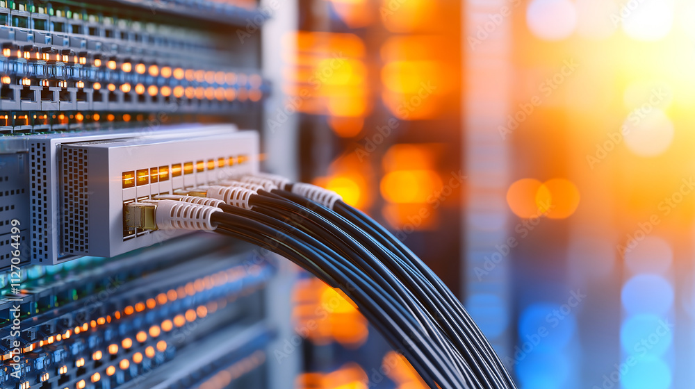 Poster cables connected to network switch in data center, showcasing vibrant lights and technology. image c