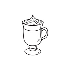 Glass with hot coffee drink with whipped cream isolated on white background. Hand drawn vector sketch illustration in doodle engraved vintage line art style. Cozy winter drink, cocoa, tea.