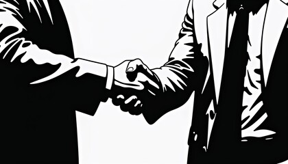 Abstract handshake silhouette background with sharp black and white contrast and bold outlines, tense and formal, copy space