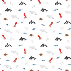 Polar sea animals seamless pattern. Cute Cartoon arctic animals, marine animals and fish, background. Vector Illustration.