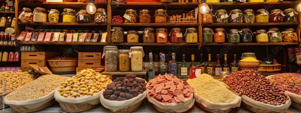 Poster a vibrant and beautifully colorful market display featuring an array of nuts and spices