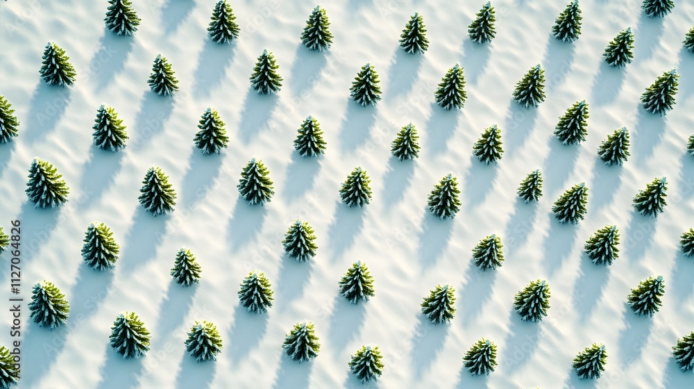 Poster a geometric arrangement of tiny christmas trees in a snowy grid pattern, viewed from above. cinemati