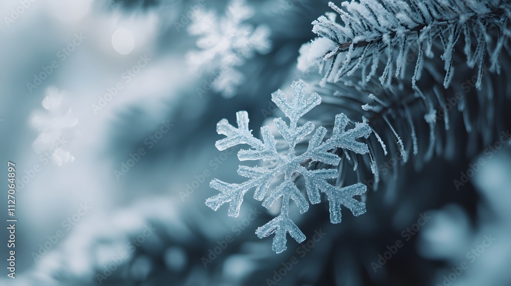 Poster high perspective capture of a minimalist christmas tree with abstract snowflake decorations, creatin