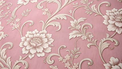 A close-up image of embossed floral wallpaper featuring delicate white flowers on a soft pink background, showcasing intricate patterns and a vintage aesthetic.