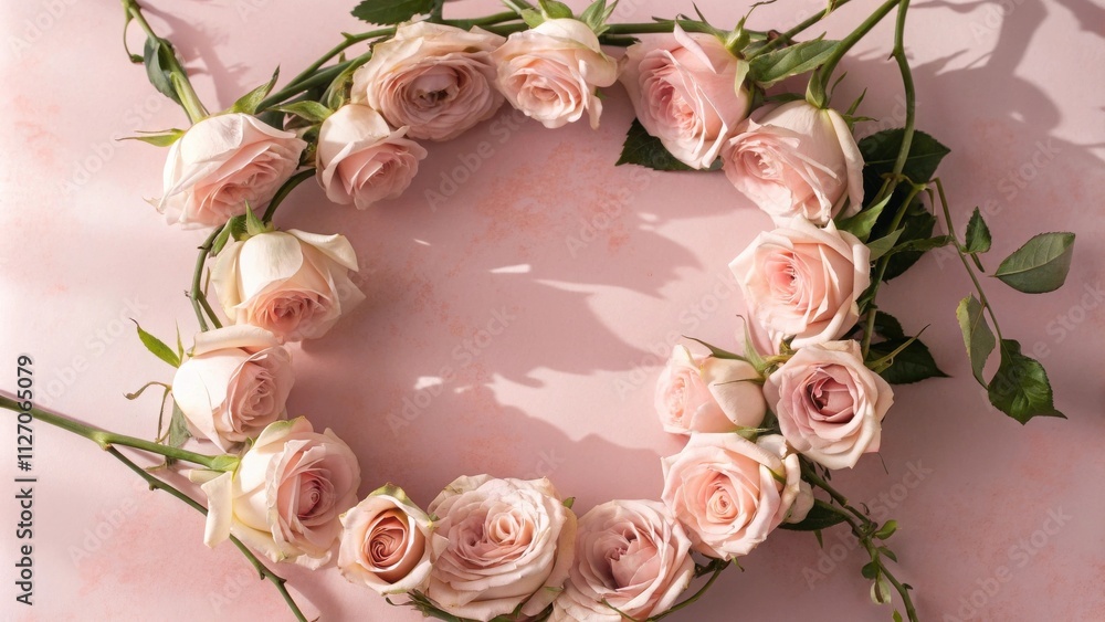 Poster Delicate Pink Roses Arranged in a Circular Frame with Soft Lighting and Shadows on a Gentle Pink Background