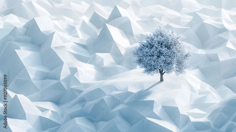 Poster A clean, modern tree surrounded by angular snow formations, viewed from a high perspective for a minimalist aesthetic. Cinematic Scene 4k resolution, cinematic scene