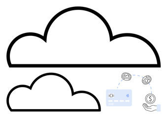 Two cloud outlines above icons of credit card, coins, and a hand holding coin. Ideal for cloud computing, online banking, financial technology, digital transactions, e-commerce, payments fintech