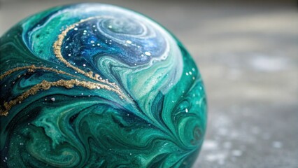 Abstract Swirling Green and Gold Marble Sphere on a Grey Background