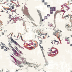 Abstract grunge urban geometric chaotic pattern with words, letters. Old aged newspaper, magazine texture paper background. Beige colorful bright horizontal collage.Mens Designer Shirting Fabrics