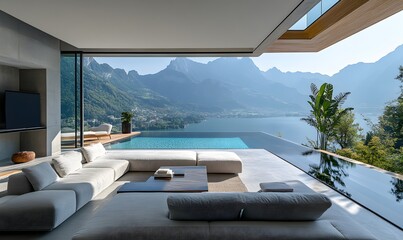 Fototapeta premium High-End Living Room with Glass Walls Offering a Stunning View of an Infinity Pool and Mountain