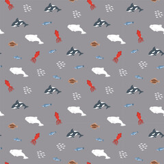 Polar sea animals seamless pattern. Cute Cartoon arctic animals, marine animals and fish, background. Vector Illustration.