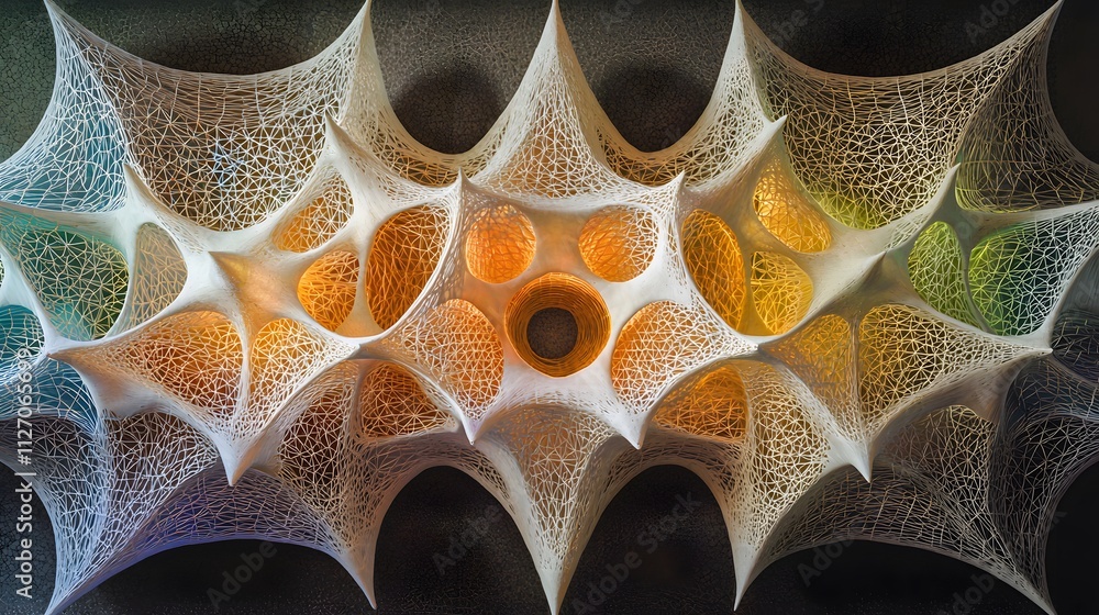 Poster a futuristic mesh of luminous geometric shapes forming a continuous web of connectivity, with intric