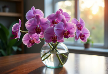 A bouquet of vibrant pink orchids in a glass vase  bathed in sunlight. © stockphoto02