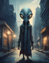 A grey alien stands in a deserted city street at dusk. The atmosphere is mysterious and intriguing.