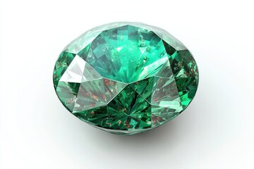 Fototapeta premium Emerald green gemstone with intricate facets on white background.
