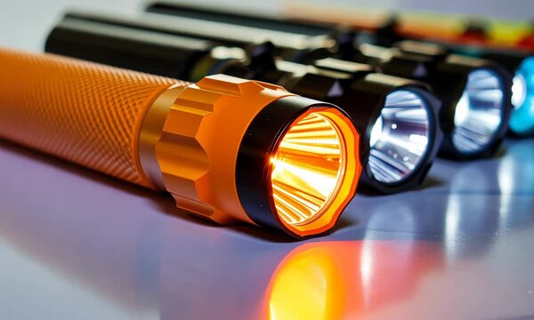 Colorful LED flashlights shining light on surface