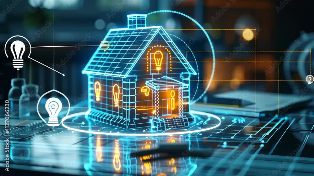 Aufkleber exploring futuristic smart home technology with 3d holographic models and interactive displays