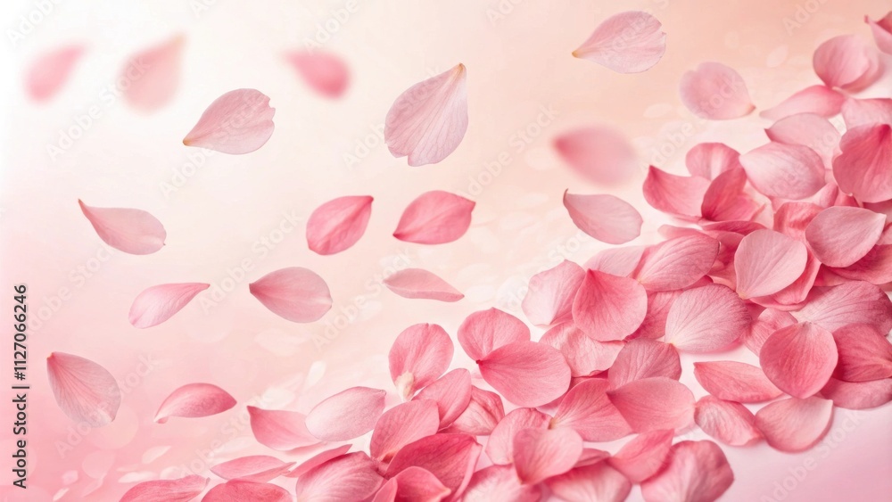 Poster a cascade of delicate pink petals falling onto a soft, pastel background, creating a whimsical and r