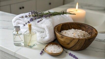 Spa Essentials A Luxurious Arrangement of Lavender, Essential Oils, and Bath Salts in a Wooden Bowl, Ready for a Relaxing Soak