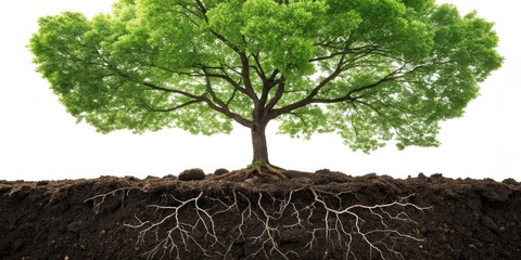 A lush green tree stands tall with its roots firmly planted in the earth, symbolizing the interconnectedness of nature.