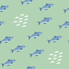 Cute fish seamless pattern. Cartoon salmon and sardines, background. Vector Illustration.