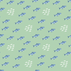 Cute fish seamless pattern. Cartoon salmon and sardines, background. Vector Illustration.