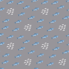 Cute fish seamless pattern. Cartoon salmon and sardines, background. Vector Illustration.