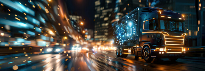 High-tech truck with glowing holographic data streams, dark background