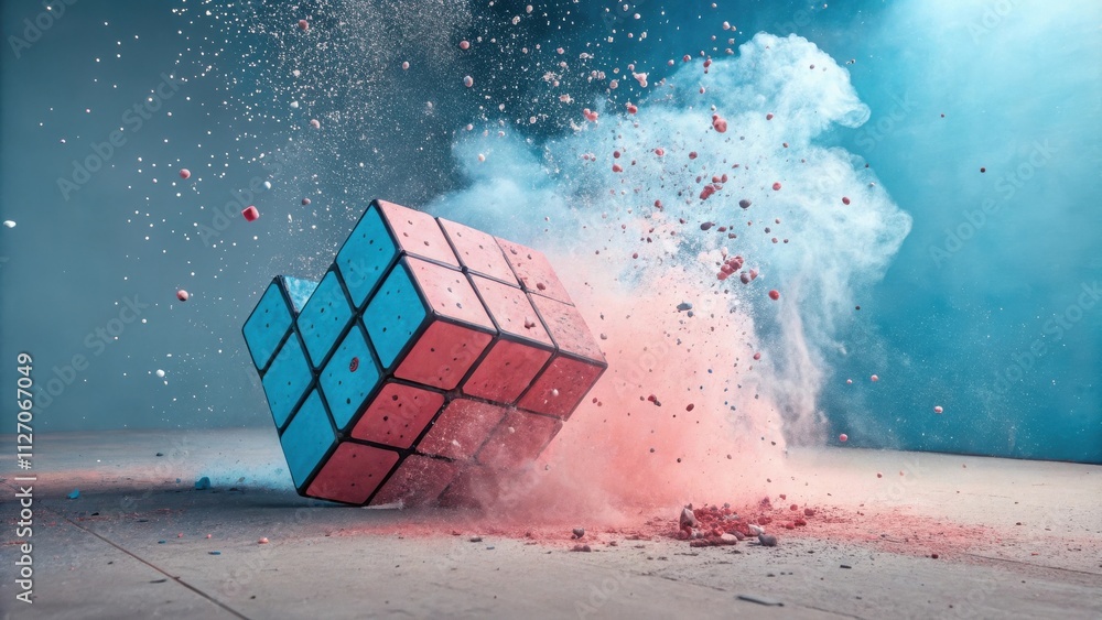 Poster the moment a colorful cube explodes into a cloud of vibrant dust, leaving a trail of fragmented piec