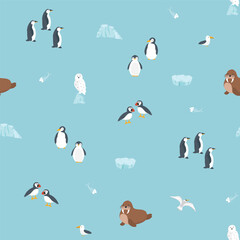 Polar animals seamless pattern. Cute Cartoon arctic animals background. Vector Illustration.