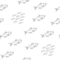 Cute fish seamless pattern. Cartoon salmon and sardines, background. Vector Illustration.