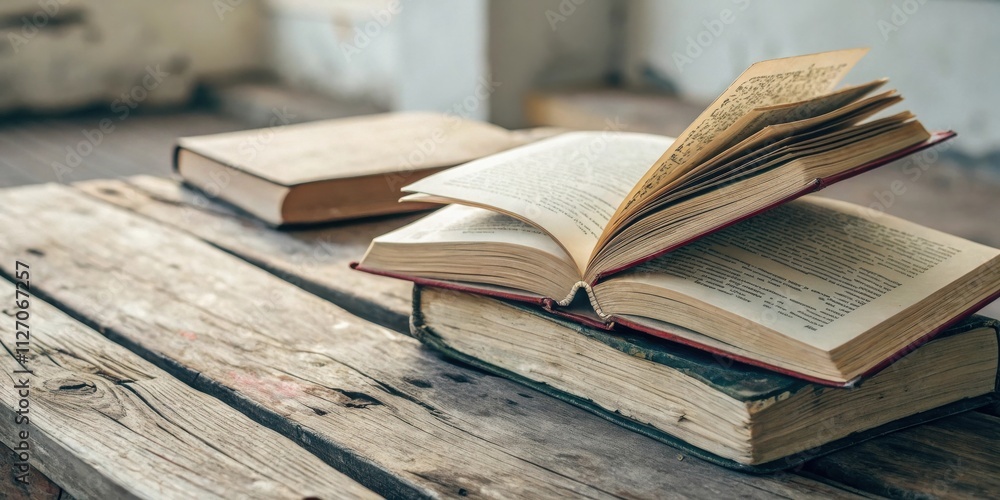 Poster a worn, well-loved book lies open on a weathered wooden surface, inviting the reader to explore its 