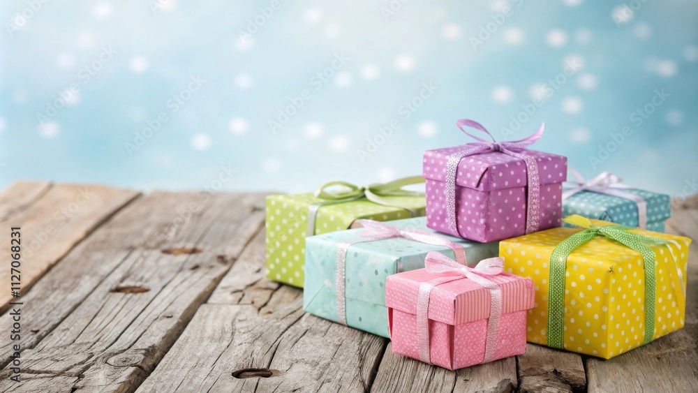 Poster a stack of colorful gift boxes with polka dot wrapping paper and ribbons, arranged on a rustic woode