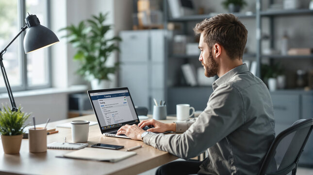 Employee training. Dedicated employee participating in online training on laptop in stylish workspace with plants and stationery