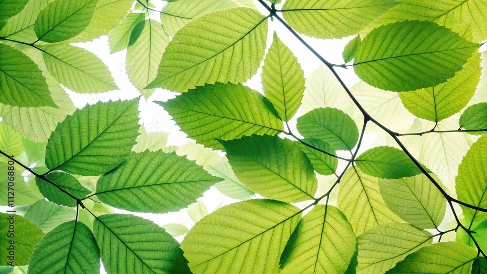 Poster a close-up view of vibrant green leaves illuminated by sunlight, showcasing the intricate network of