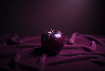 Dark purple plum on velvet cloth in elegant still life.