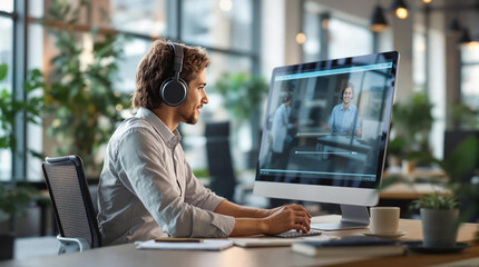 Employee training. Remote employee training session with man engaged in online learning on computer at modern workspace